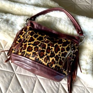B. Makowsky Calfskin/Leather leopard print Fringed Shoulder Bag Brown/Tan